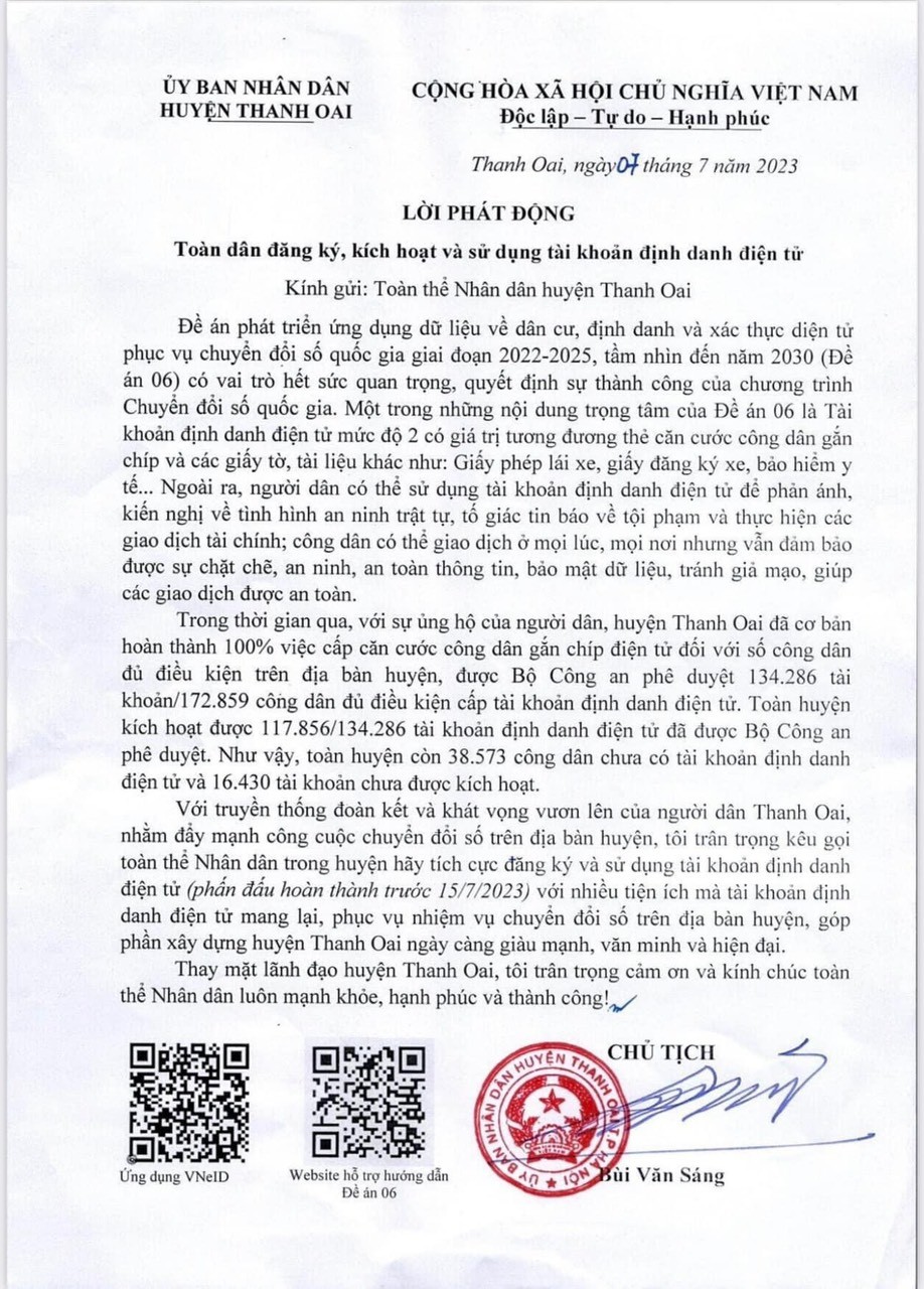 LỜI PHÁT ĐỘNG: ''Toàn dân đăng ký, kích hoạt và sử dụng tài khoản định danh điện tử''
